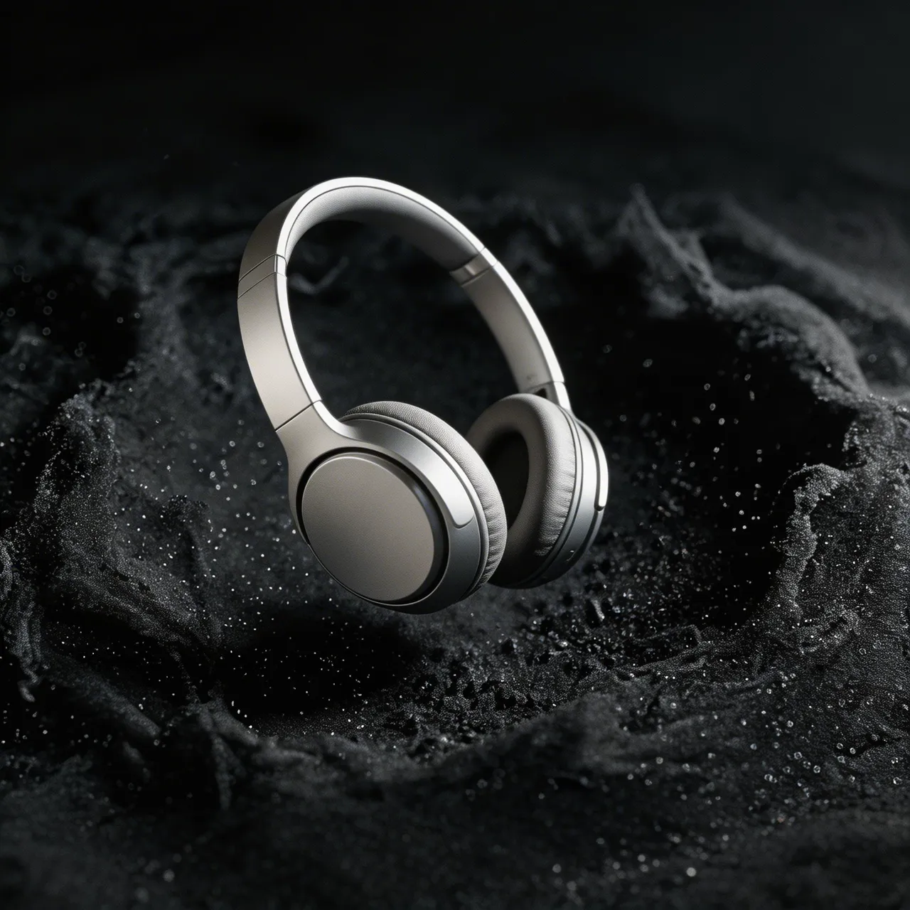 Headphones on black sand