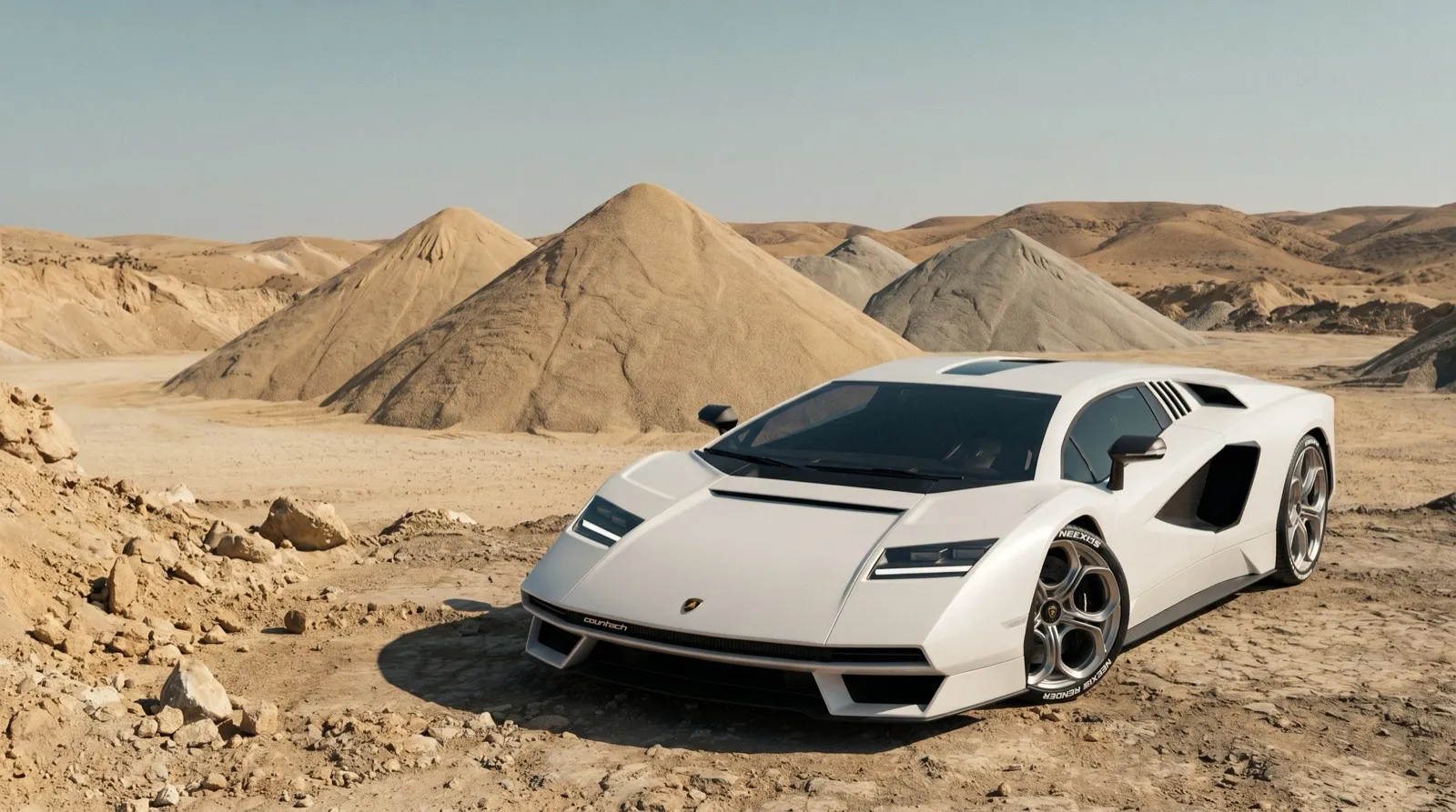 Photorealistic render of a white Lamborghini parked in a desert with sand dunes, Neexis Render contextual environment