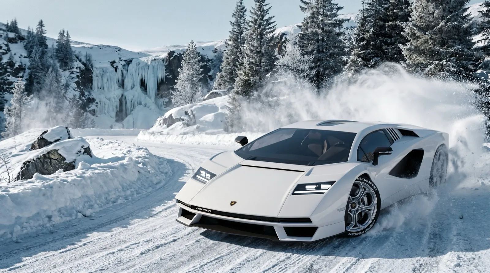 Photorealistic render of a Lamborghini drifting through a snowy forest road, Neexis Render winter scene