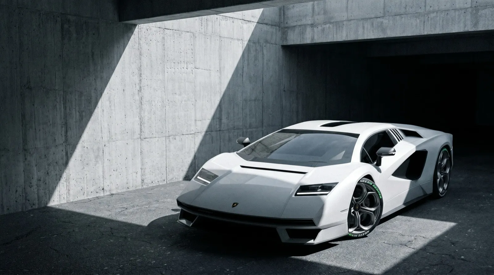 Photorealistic render of a Lamborghini inside a brutalist concrete hangar, Neexis Render architectural scene