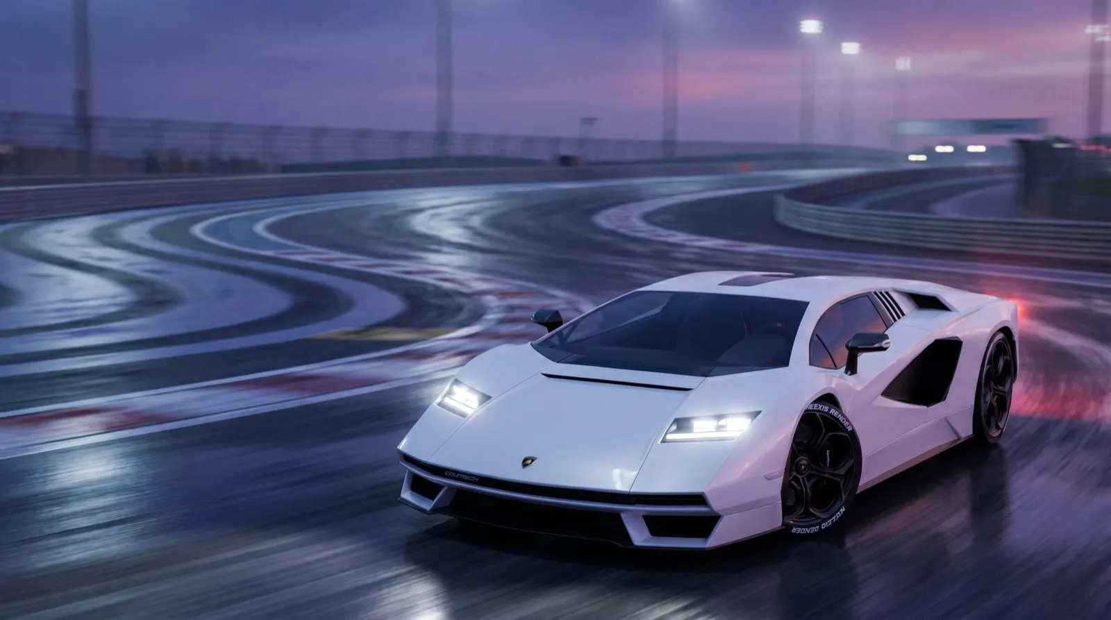 Photorealistic render of a Lamborghini on a wet racetrack at dusk, Neexis Render motorsport environment